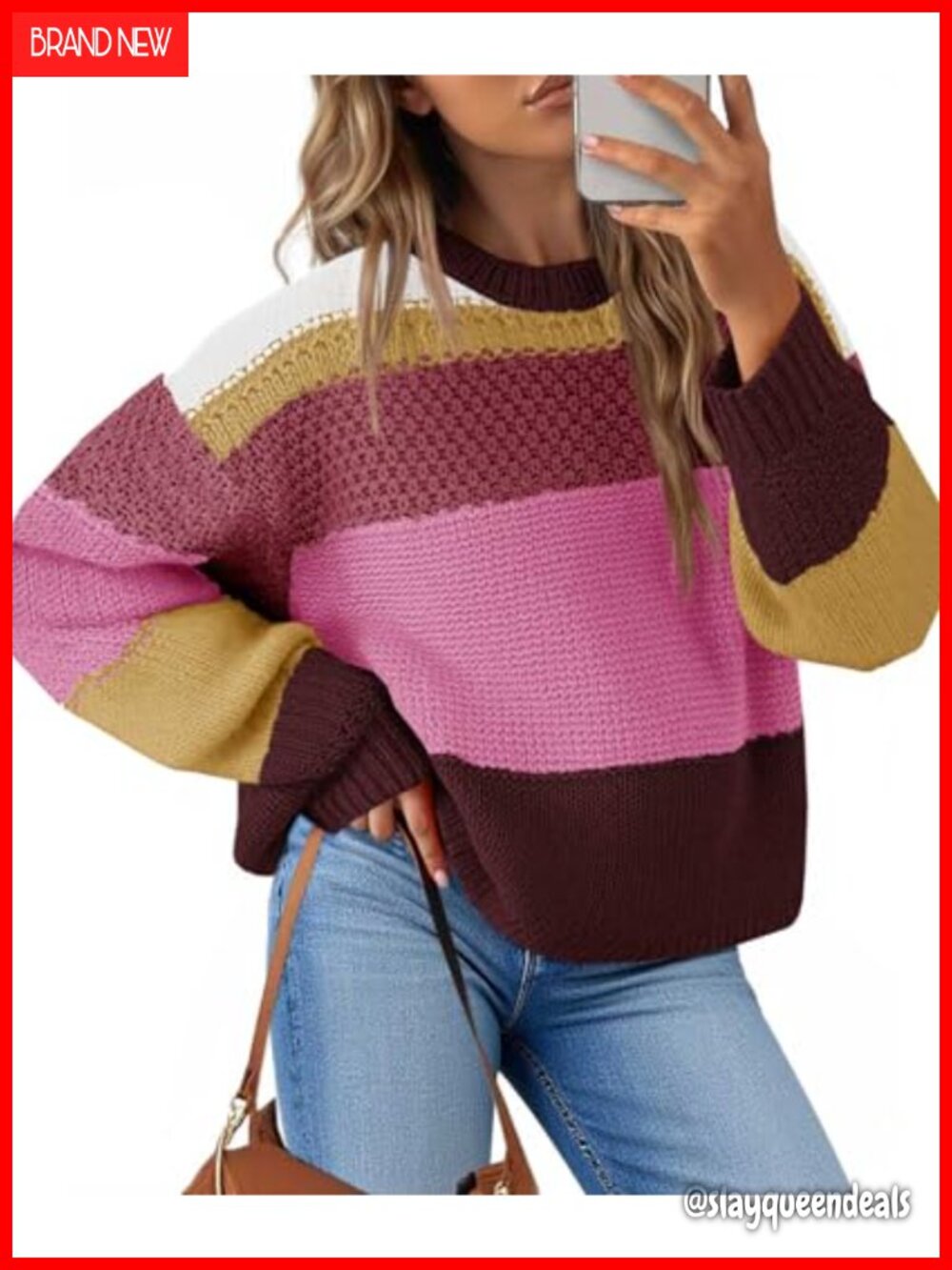 Cropped Color Block Sweater Women Oversized Striped Pullover Crew Neck